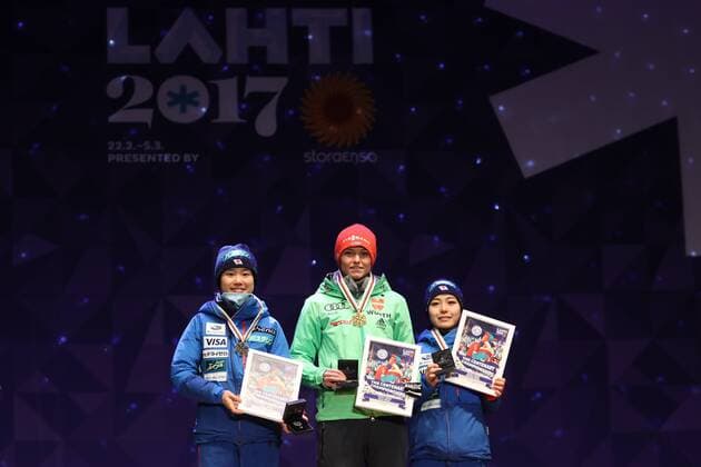 NORDIC SKIING - FIS WC Lahti 2017 LAHTI,FINLAND,25.FEB.17 - NORDIC SKIING, Ski jumping Skispringen Ski nordisch - FIS Nordic World Ski Championships, normal hill, ladies, award ceremony. Image shows the rejoicing of Yuki Ito (JPN), Carina Vogt (GER) and Sara Takanashi (JPN). Keywords: medal. GEPAxpictures xDanielxGoetzhaber