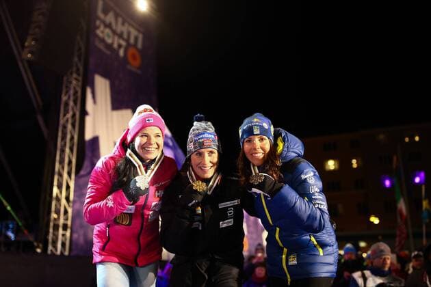 NORDIC SKIING - FIS WC Lahti 2017 LAHTI,FINLAND,25.FEB.17 - NORDIC SKIING, Ski jumping Skispringen Ski nordisch - FIS Nordic World Ski Championships, 7,5+7,5km Skiathlon, ladies, award ceremony. Image shows Krista Parmakoski (FIN), Marit Bjoergen (NOR) and Charlotte Kalla (SWE). GEPAxpictures xDanielxGoetzhaber