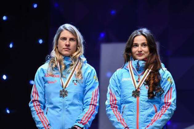 170226 Yulia Belorukova - Natalia Matveeva, (RUS) Solber - Langlauf Teamsprint - Siegerehrung - Nordische SKI WWM den 26 februar 2017 i Lahti.  Copyright: CARLxSANDIN BB170226CS112