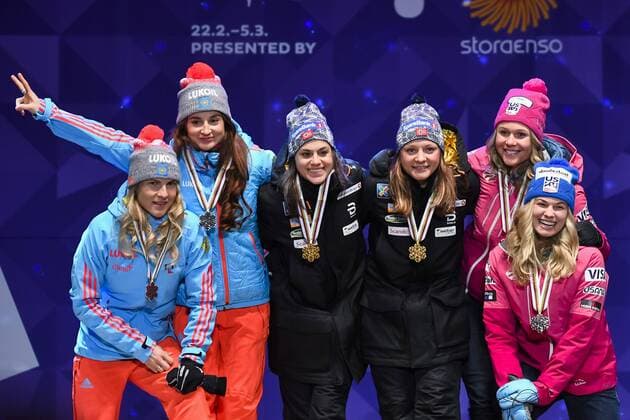 170226 Yulia Belorukova - Natalia Matveeva, (RUS), Sadie Bjornsen - Jessica Diggins, USA, Heidi Weng - Maiken Caspersen Falla, (NOR) - Langlauf Teamsprint - Siegerehrung - Nordische SKI WWM den 26 februar 2017 i Lahti.  Copyright: CARLxSANDIN BB170226CS117