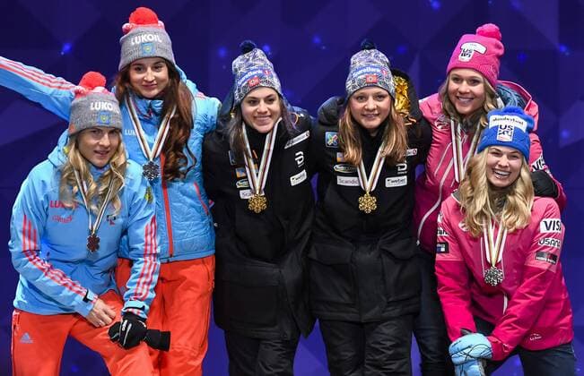 170226 Yulia Belorukova - Natalia Matveeva, (RUS), Sadie Bjornsen - Jessica Diggins, USA, Heidi Weng - Maiken Caspersen Falla, (NOR) - Langlauf Teamsprint - Siegerehrung - Nordische SKI WWM den 26 februar 2017 i Lahti.  Copyright: CARLxSANDIN BB170226CS118