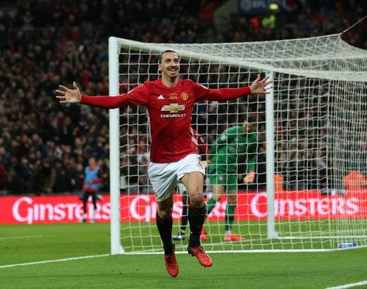 Zlatan Ibrahimovic of Manchester United ManU celebrates scoring the winning goal during the English Football League Cup Final match at the Wembley Stadium, London. Picture date: February 26th, 2017.Pic credit should read: David Klein Sportimage EDITORIAL USE ONLY. No use with unauthorised audio, video, data, fixture lists, club league logos or live services. Online in-match use limited to 120 images, no video emulation. No use in betting, games or single club league player publications.