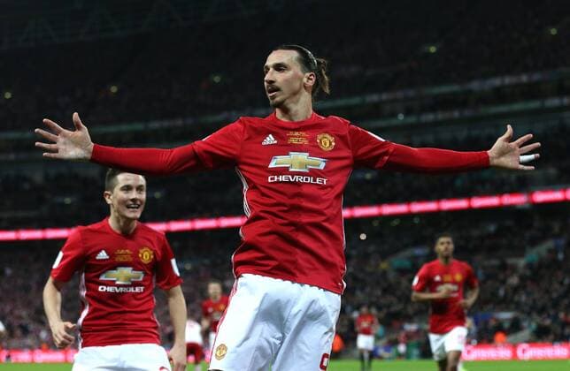 Zlatan Ibrahimovic of Manchester United ManU celebrates scoring the winning goal during the English Football League Cup Final match at the Wembley Stadium, London. Picture date: February 26th, 2017.Pic credit should read: David Klein Sportimage EDITORIAL USE ONLY. No use with unauthorised audio, video, data, fixture lists, club league logos or live services. Online in-match use limited to 120 images, no video emulation. No use in betting, games or single club league player publications.
