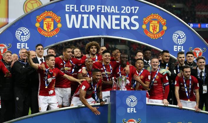 Manchester Utd celebrate with the trophy during the English Football League Cup Final match at the Wembley Stadium, London. Picture date: February 26th, 2017.Pic credit should read: David Klein Sportimage EDITORIAL USE ONLY. No use with unauthorised audio, video, data, fixture lists, club league logos or live services. Online in-match use limited to 120 images, no video emulation. No use in betting, games or single club league player publications.