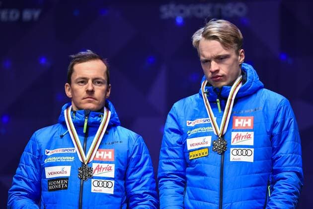 170226 Sami Jauhojärvi och Iivo Niskanen, Finland, Bronze - Langlauf teamsprint Siegerehrung - Nordische SKI WM den 26 februari 2017 in Lahti.  Copyright: CARLxSANDIN BB170226CS124