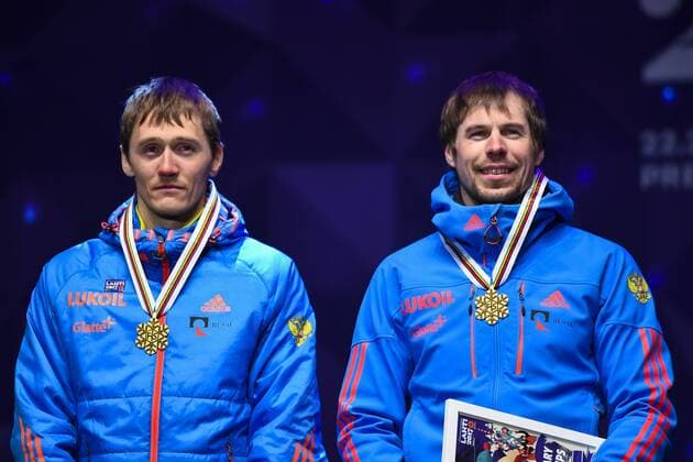 170226 Nikita Kriukov, (RUS) och Sergey Ustiugov, (RUS) Sieg Gold - Langlauf teamsprint Siegerehrung - Nordische SKI WM den 26 februari 2017 in Lahti.  Copyright: CARLxSANDIN BB170226CS127