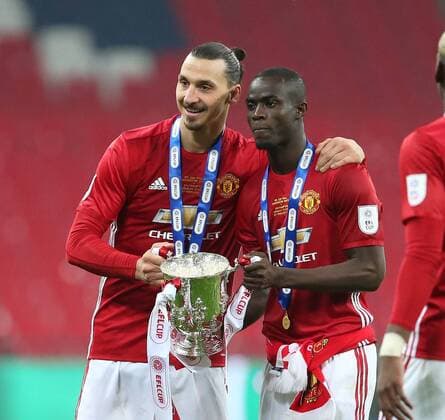 Zlatan Ibrahimovic of Manchester United ManU and Eric Bailly of Manchester United celebrate with the trophy during the English Football League Cup Final match at the Wembley Stadium, London. Picture date: February 26th, 2017.Pic credit should read: David Klein Sportimage EDITORIAL USE ONLY. No use with unauthorised audio, video, data, fixture lists, club league logos or live services. Online in-match use limited to 120 images, no video emulation. No use in betting, games or single club league player publications.