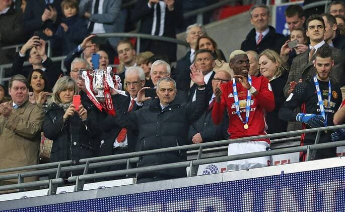 February 26th 2017, Wembley Stadium, London, England; EFL League Cup final, Southampton v Manchester United ManU Manchester United Jose Mourinho lifts the EFL Trophy from the stands xJohnxPatrickxFletcherx  ActionPlus11851135