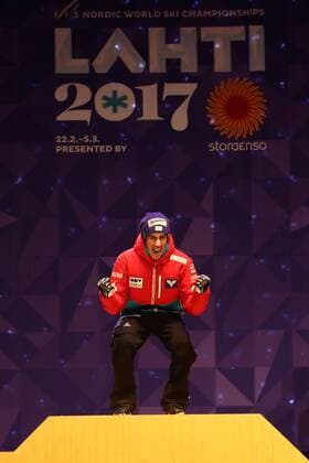 NORDIC SKIING - FIS WC Lahti 2017 LAHTI,FINLAND,26.FEB.17 - NORDIC SKIING, Ski jumping Skispringen Ski nordisch - FIS Nordic World Ski Championships, normal hill, men, award ceremony. Image shows Andreas Wellinger (GER), Stefan Kraft (AUT) and Markus Eisenbichler (GER). GEPAxpictures xCh.xKelemen