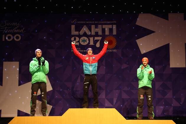 NORDIC SKIING - FIS WC Lahti 2017 LAHTI,FINLAND,26.FEB.17 - NORDIC SKIING, Ski jumping Skispringen Ski nordisch - FIS Nordic World Ski Championships, normal hill, men, award ceremony. Image shows Andreas Wellinger (GER), Stefan Kraft (AUT) and Markus Eisenbichler (GER). GEPAxpictures xCh.xKelemen
