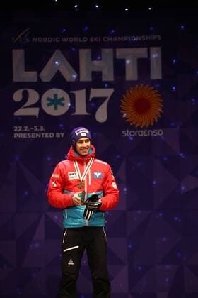 NORDIC SKIING - FIS WC Lahti 2017 LAHTI,FINLAND,26.FEB.17 - NORDIC SKIING, Ski jumping Skispringen Ski nordisch - FIS Nordic World Ski Championships, normal hill, men, award ceremony. Image shows Stefan Kraft (AUT). GEPAxpictures xCh.xKelemen