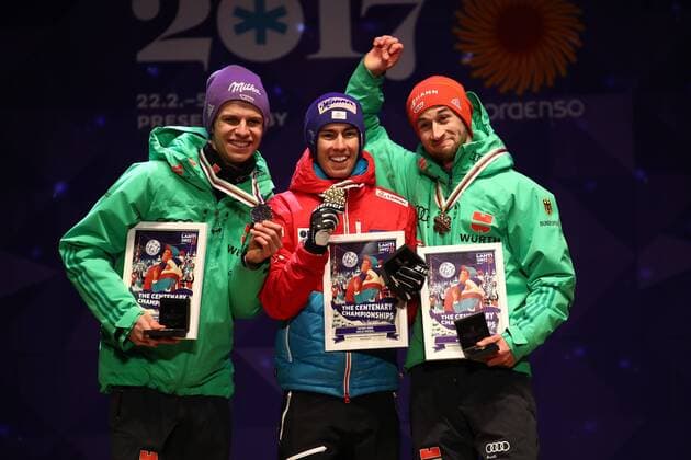 NORDIC SKIING - FIS WC Lahti 2017 LAHTI,FINLAND,26.FEB.17 - NORDIC SKIING, Ski jumping Skispringen Ski nordisch - FIS Nordic World Ski Championships, normal hill, men, award ceremony. Image shows Andreas Wellinger (GER), Stefan Kraft (AUT) and Markus Eisenbichler (GER). Keywords: medal. GEPAxpictures xCh.xKelemen