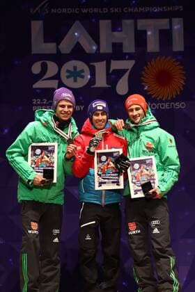 Themen der Woche - Sport Bilder des Tages - SPORT NORDIC SKIING - FIS WC Lahti 2017 LAHTI,FINLAND,26.FEB.17 - NORDIC SKIING, Ski jumping Skispringen Ski nordisch - FIS Nordic World Ski Championships, normal hill, men, award ceremony. Image shows Andreas Wellinger (GER), Stefan Kraft (AUT) and Markus Eisenbichler (GER). Keywords: medal. GEPAxpictures xCh.xKelemen