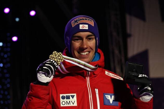 NORDIC SKIING - FIS WC Lahti 2017 LAHTI,FINLAND,26.FEB.17 - NORDIC SKIING, Ski jumping Skispringen Ski nordisch - FIS Nordic World Ski Championships, normal hill, men, award ceremony. Image shows Stefan Kraft (AUT). Keywords: medal. GEPAxpictures xCh.xKelemen