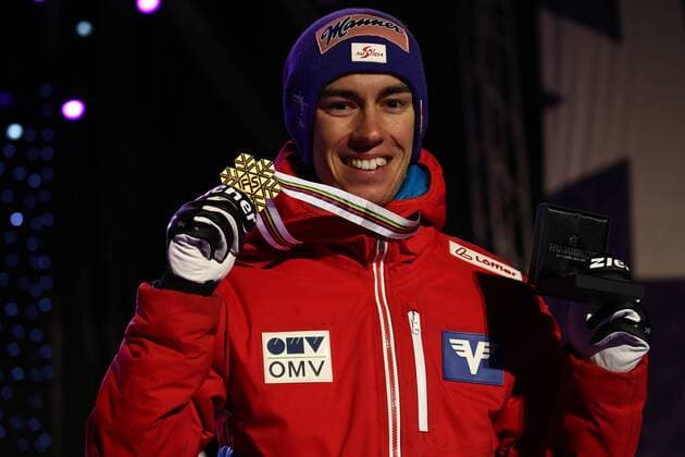 NORDIC SKIING - FIS WC Lahti 2017 LAHTI,FINLAND,26.FEB.17 - NORDIC SKIING, Ski jumping Skispringen Ski nordisch - FIS Nordic World Ski Championships, normal hill, men, award ceremony. Image shows Stefan Kraft (AUT). Keywords: medal. GEPAxpictures xCh.xKelemen