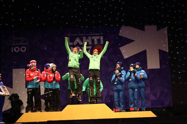 NORDIC SKIING - FIS WC Lahti 2017 LAHTI,FINLAND,26.FEB.17 - NORDIC SKIING, Ski jumping Skispringen Ski nordisch - FIS Nordic World Ski Championships, normal hill, mixed team competition, award ceremony. Image shows Daniela Iraschko-Stolz, Michael Hayboeck, Stefan Kraft, Jacqueline Seifriedsberger (AUT), Svenja Wuerth, Carina Vogt (GER), Sara Takenashi, Yuki Ito, Taku Takeuchi and Daiki Ito (JPN). GEPAxpictures xCh.xKelemen