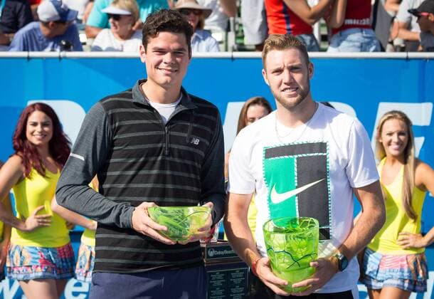 February 26, 2017: Milos Raonic, of Canada, left, and Jack Sock, of the United States, right, pose with their trophies of the 2017 Delray Beach Open professional tennis tournament, played at the Delray Beach Stadium & Tennis Center in Delray Beach, Florida, USA. Jack Sock was declared the championship winner as Milos Raonic was forced to withdraw from the singles final match due an injury of his right leg. CSM. Tennis 2017: ATP Tennis Herren Delray Beach Open FEB 26 - ZUMAc04_ 20170226_zaf_c04_016 Copyright: xMarioxHoubenx