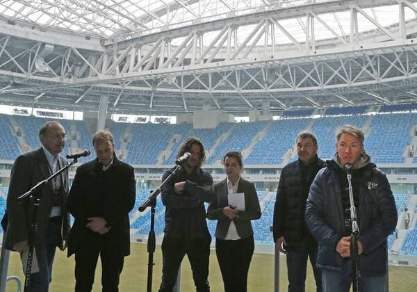 ST PETERSBURG, RUSSIA - FEBRUARY 27, 2017: Russia 2018 Organizing Committee General Director Alexei Sorokin (R), FIFA Director of Competitions Colin Smith (2nd L) and Spanish retired football player Carles Puyol (3rd L) visit Zenit Arena Stadium. The FIFA inspection committee is satisfied with the stadium s readiness to host 2017 FIFA Confederations Cup and 2018 FIFA World Cup WM Weltmeisterschaft Fussball matches. Alexander Demianchuk TASS  TS042C13