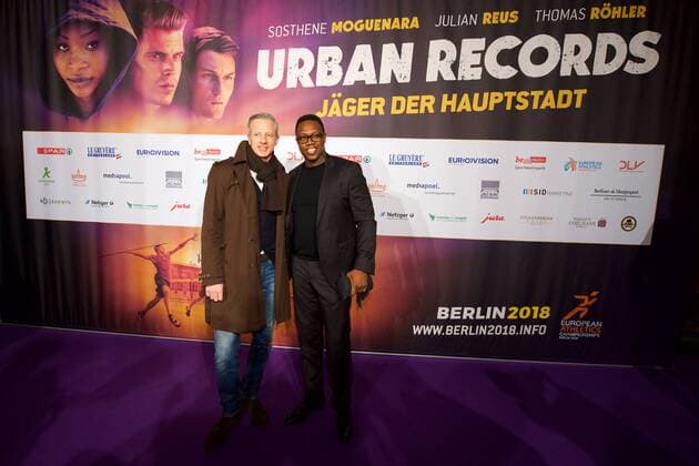 Leichtathletik Berlin 27.02.2017 BEM 2018 Leichtathletik EM 2018 in berlin Weltpremiere von Urban Records Image Film Zoo Palast Berlin Union Berlin Trainer Jens Keller Fussball Pablo Thiam re.