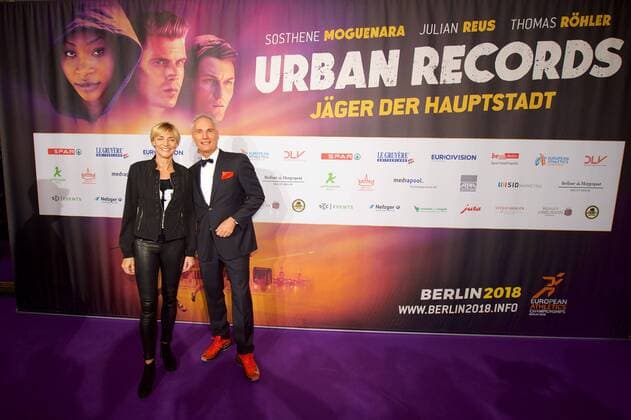 Leichtathletik Berlin 27.02.2017 BEM 2018 Leichtathletik EM 2018 in berlin Weltpremiere von Urban Records Image Film Zoo Palast Berlin Heike Drechsler ehemalige Weitspringern Frank Kowalski (BEM 2018 Geschäftsführer)