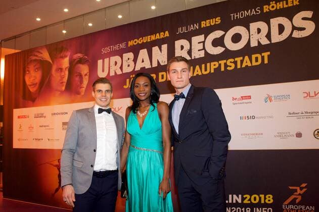 Leichtathletik Berlin 27.02.2017 BEM 2018 Leichtathletik EM 2018 in berlin Weltpremiere von Urban Records Image Film Zoo Palast Berlin Sosthene Moguenara Weitsprung mi. Julian Reus Sprint 100m li. Thomas Röhler Speerwurf re.