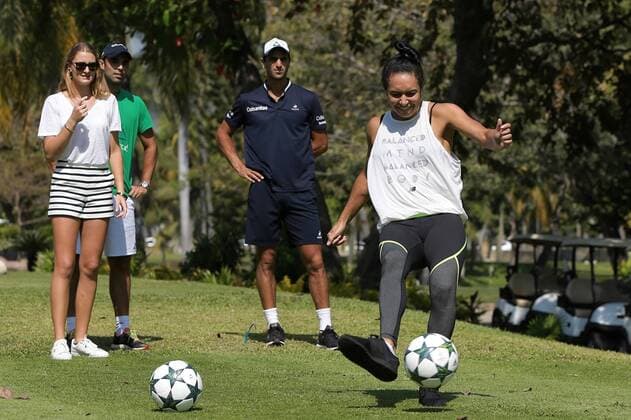 (L-R) French tennis player Kristina Mladenovic, Colombian Juan Sebastian Cabal and Robert Farah and British Heather Watson participates in a footgolf game as part of the leisure activities of the Mexico Tennis Open in Acapulco, Guerrero, Mexico, 28 February 2017. MEXICO TENIS OPEN !ACHTUNG: NUR REDAKTIONELLE NUTZUNG!  Copyright: xJoséxMéndezx MEX001 20170228-636239131245181489