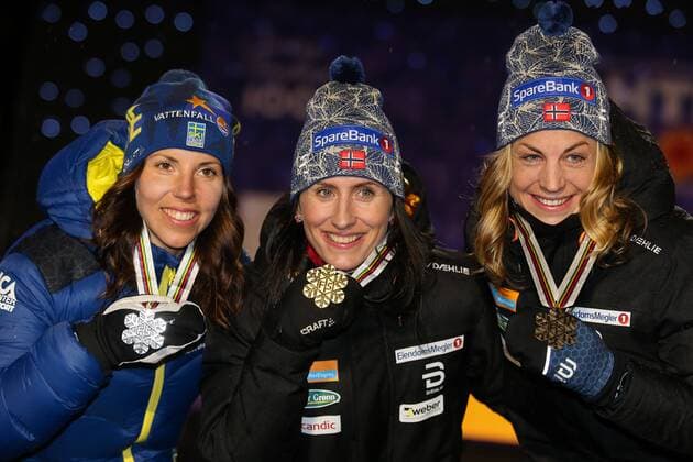 Ski Nordisch, WM in Lahti, Siegerehrung 10km Langlauf der Damen am Abend February 28, 2017 - Lahti, Finland - Charlotte Kalla (SWE), Marit Bjoergen (NOR), Astrid Uhrenholdt Jacobsen (NOR), during the Award Ceremony after Ladies cross-country 10.0km Individual Classic final, at FIS Nordic World Ski Championship 2017 in Lahti On Tuesday, February 28, 2017, in Lahti, Finland. Women s Cross Country Distance - FIS Nordic World Ski Championships  - ZUMAn230 20170228_zaa_n230_384 Copyright: xFotoxOlimpikx