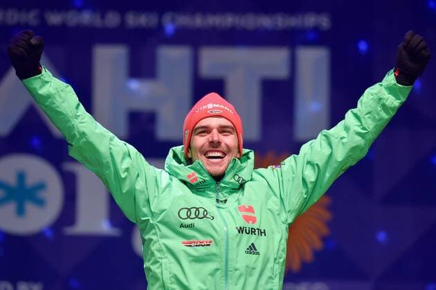 NORDIC SKIING - FIS WC Lahti 2017 LAHTI,FINLAND,01.MAR.17 - NORDIC SKIING, NORDIC COMBINED - FIS Nordic World Ski Championships, large hill, 10km Gundersen, award ceremony. Image shows the rejoicing of Johannes Rydzek (GER). GEPAxpictures xFlorianxErtl