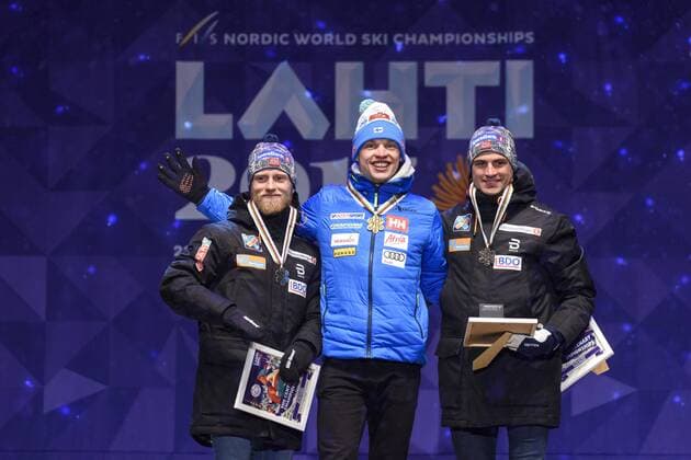 Nordische Ski-WM, 15km Langlauf der Herren, Siegerehrung Martin Johnsrud Sundby, Iivo Niskanen, Finland,, Niklas Dyrhaug - Lahti, Finnland - Nordische Ski WM, Langlauf, Siegerehrung.  Copyright: CARLxSANDIN BB170301CS176