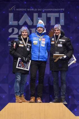 Nordische Ski-WM, 15km Langlauf der Herren, Siegerehrung Martin Johnsrud Sundby, Iivo Niskanen, Finland,, Niklas Dyrhaug - Lahti, Finnland - Nordische Ski WM, Langlauf, Siegerehrung.  Copyright: CARLxSANDIN BB170301CS177