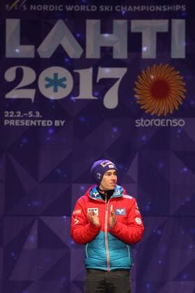 NORDIC SKIING - FIS WC Lahti 2017 LAHTI,FINLAND,03.MAR.17 - NORDIC SKIING, Ski jumping Skispringen Ski nordisch - FIS Nordic World Ski Championships, large hill, men, award ceremony. Image shows Stefan Kraft (AUT). GEPAxpictures xDanielxGoetzhaber
