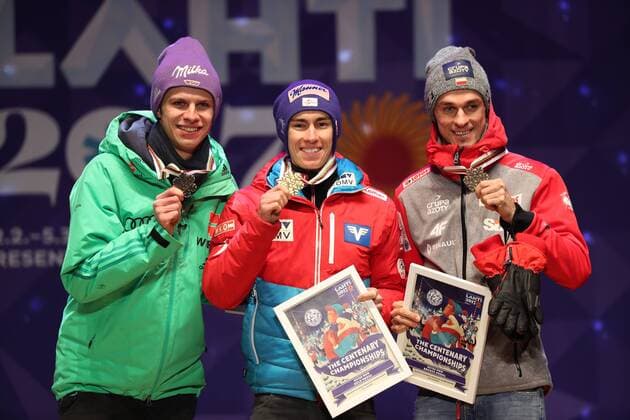 NORDIC SKIING - FIS WC Lahti 2017 LAHTI,FINLAND,03.MAR.17 - NORDIC SKIING, Ski jumping Skispringen Ski nordisch - FIS Nordic World Ski Championships, large hill, men, award ceremony. Image shows Andreas Wellinger (GER), Stefan Kraft (AUT) and Piotr Zyla (POL). GEPAxpictures xDanielxGoetzhaber
