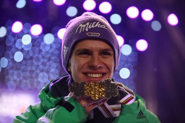 NORDIC SKIING - FIS WC Lahti 2017 LAHTI,FINLAND,03.MAR.17 - NORDIC SKIING, Ski jumping Skispringen Ski nordisch - FIS Nordic World Ski Championships, large hill, men, award ceremony. Image shows Andreas Wellinger (GER). keywords: medal. GEPAxpictures xDanielxGoetzhaber