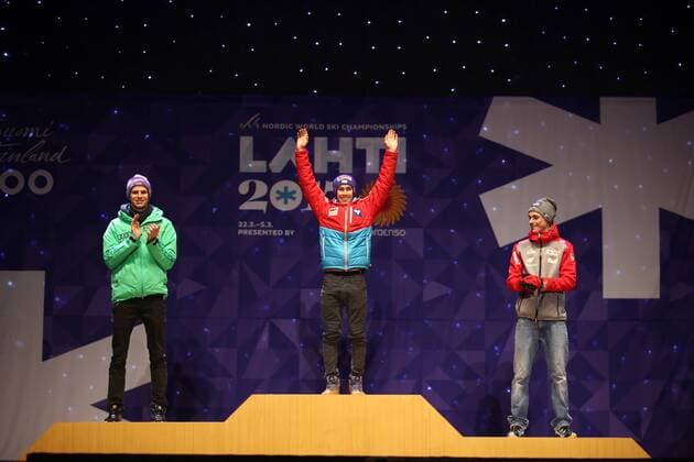 NORDIC SKIING - FIS WC Lahti 2017 LAHTI,FINLAND,03.MAR.17 - NORDIC SKIING, Ski jumping Skispringen Ski nordisch - FIS Nordic World Ski Championships, large hill, men, award ceremony. Image shows Andreas Wellinger (GER), Stefan Kraft (AUT) and Piotr Zyla (POL). GEPAxpictures xDanielxGoetzhaber
