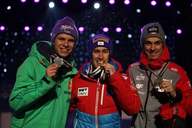 NORDIC SKIING - FIS WC Lahti 2017 LAHTI,FINLAND,03.MAR.17 - NORDIC SKIING, Ski jumping Skispringen Ski nordisch - FIS Nordic World Ski Championships, large hill, men, award ceremony. Image shows Andreas Wellinger (GER), Stefan Kraft (AUT) and Piotr Zyla (POL). kewords: medal. GEPAxpictures xDanielxGoetzhaber