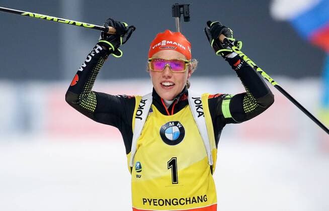 BIATHLON - IBU WC Pyeongchang PYEONGCHANG,SOUTH KOREA,04.MAR.17 - BIATHLON - IBU World Cup, 10km pursuit, ladies. Image shows the rejoicing of Laura Dahlmeier (GER). GEPAxpictures xChristianxWalgram