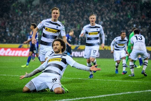 Bilder des Tages - SPORT Fabian Johnson (Borussia Moenchengladbach 19), Patrick Herrmann (Borussia Moenchengladbach 7) und Oscar Wendt (Borussia Moenchengladbach 17) beim Torjubel nach dem Treffer zum 2:1 beim Bundesligaspiel zwischen Borussia Moenchengladbach und dem FC Schalke 04 am 04.03.2017, Moenchengladbach Copyright: xSchuelerx xEibnerx-xPressefotox EP_JSE