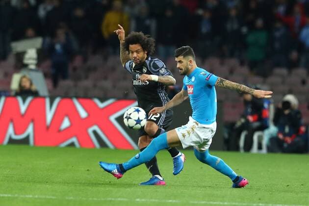 Fußball, CL, SSC Neapel - Real Madrid Marcelo Real Madrid, Elseid Hysaj Napoli Napoli 07-03-2017 Stadio San Paolo Football Calcio UEFA Champions League 2016 2017 Round of 16, 2st leg SSC Napoli - Real Madrid cesarexpurini