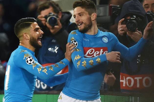 Fußball, CL, SSC Neapel - Real Madrid Dries Mertens Napoli Goal celebration with Lorenzo Insigne Napoli 07-03-2017 Stadio San Paolo Uefa Champions League 2016 2017 Round of 16 SSC Napoli - Real Madrid AndreaxStaccioli