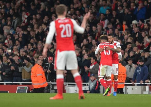Theo Walcott of Arsenal celebrates scoring the opening goal during the UEFA Champions League Round of 16 Game 2 match between Arsenal and Bayern Munich at the Emirates Stadium, London, England on 7 March 2017. Copyright: xVincexMignottx 14440014