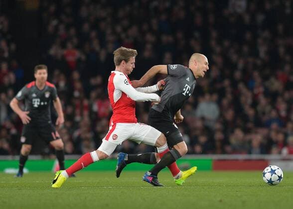 Nacho Monreal of Arsenal fouls Arjen Robben of Bayern Munich during the UEFA Champions League Round of 16 Game 2 match between Arsenal and Bayern Munich at the Emirates Stadium, London, England on 7 March 2017. Copyright: xVincexMignottx 14440015
