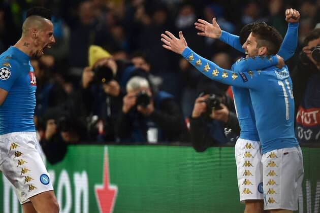 Fußball, CL, SSC Neapel - Real Madrid Dries Mertens, con Lorenzo insigne e Marek Hamsik Napoli goal celebration Napoli 07-03-2017 Stadio San Paolo Uefa Champions League 2016 2017 Round of 16 SSC Napoli-Real Madrid AndreaxStaccioli