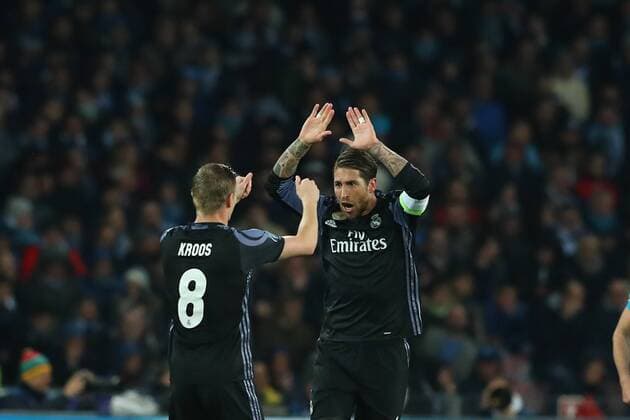 Fußball, CL, SSC Neapel - Real Madrid Sergio Ramos Real Madrid goal celebration, Toni Kroos Real Madrid Napoli 07-03-2017 Stadio San Paolo Football Calcio UEFA Champions League 2016 2017 Ottavi di Finale, Ritorno - Round of 16, 2st leg SSC Napoli-Real Madrid cesarexpurini