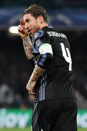 Fußball, CL, SSC Neapel - Real Madrid Sergio Ramos Real 1-2 Goal celebration Napoli 07-03-2017 Stadio San Paolo Uefa Champions League 2016 2017 Round of 16 SSC Napoli-Real Madrid AndreaxStaccioli