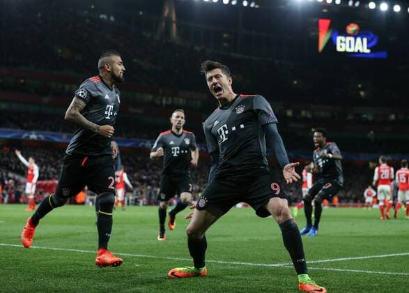 Munich s Robert Lewandowski celebrates soring his sides opening goal during the Champions League Round of 16 match at the Emirates Stadium, London. Picture date March 7th, 2017 Pic David Klein Sportimage EDITORIAL USE ONLY. No use with unauthorised audio, video, data, fixture lists, club league logos or live services. Online in-match use limited to 120 images, no video emulation. No use in betting, games or single club league player publications.