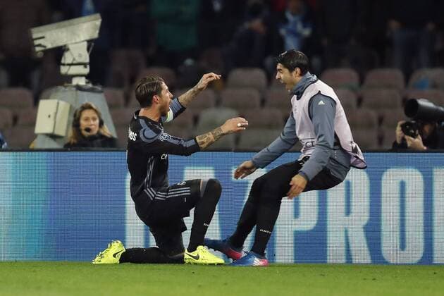 Fußball, CL, SSC Neapel - Real Madrid (L-R) Sergio Ramos of Real Madrid, Alvaro Morata of Real Madridduring the UEFA Champions League round of 16 match between SSC Napoli and Real Madrid on March 07, 2017 at the Stadio San Paolo in Naples, Italy SSC Napoli v Real Madrid UEFA Champions League 2016 2017 xVIxxIVx 7278735