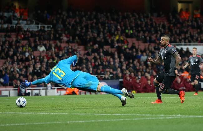 Munich s Arturo Vidal soring his sides fifth goal during the Champions League Round of 16 match at the Emirates Stadium, London. Picture date March 7th, 2017 Pic David Klein Sportimage EDITORIAL USE ONLY. No use with unauthorised audio, video, data, fixture lists, club league logos or live services. Online in-match use limited to 120 images, no video emulation. No use in betting, games or single club league player publications.