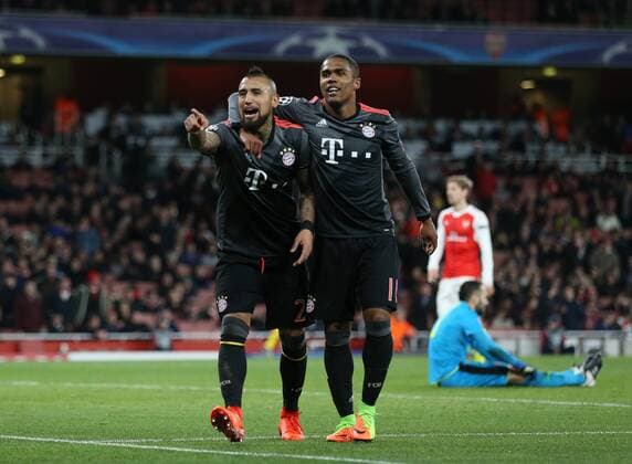 Munich s Arturo Vidal celebrates soring his sides fifth goal during the Champions League Round of 16 match at the Emirates Stadium, London. Picture date March 7th, 2017 Pic David Klein Sportimage EDITORIAL USE ONLY. No use with unauthorised audio, video, data, fixture lists, club league logos or live services. Online in-match use limited to 120 images, no video emulation. No use in betting, games or single club league player publications.