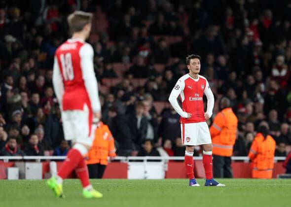 Arsenal s Mesut Ozil looks on dejected during the Champions League Round of 16 match at the Emirates Stadium, London. Picture date March 7th, 2017 Pic David Klein Sportimage EDITORIAL USE ONLY. No use with unauthorised audio, video, data, fixture lists, club league logos or live services. Online in-match use limited to 120 images, no video emulation. No use in betting, games or single club league player publications.