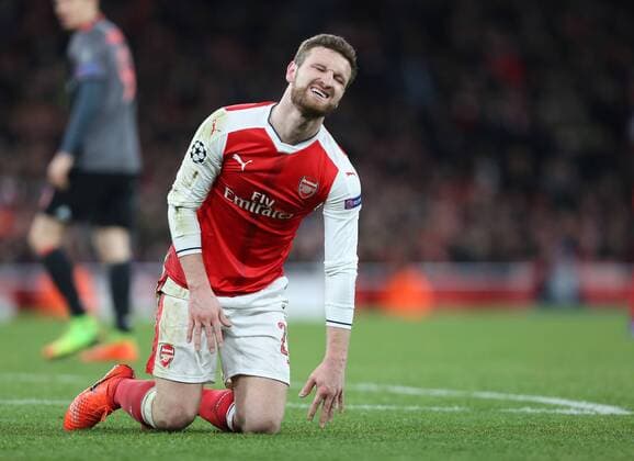 Arsenal s Shkodran Mustafi looks on dejected during the Champions League Round of 16 match at the Emirates Stadium, London. Picture date March 7th, 2017 Pic David Klein Sportimage EDITORIAL USE ONLY. No use with unauthorised audio, video, data, fixture lists, club league logos or live services. Online in-match use limited to 120 images, no video emulation. No use in betting, games or single club league player publications.